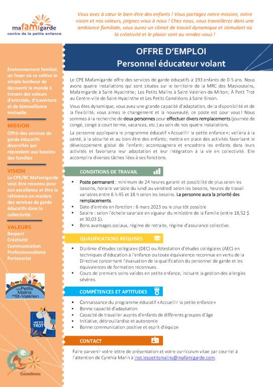 Offre d'emploi personnel éducateur volant