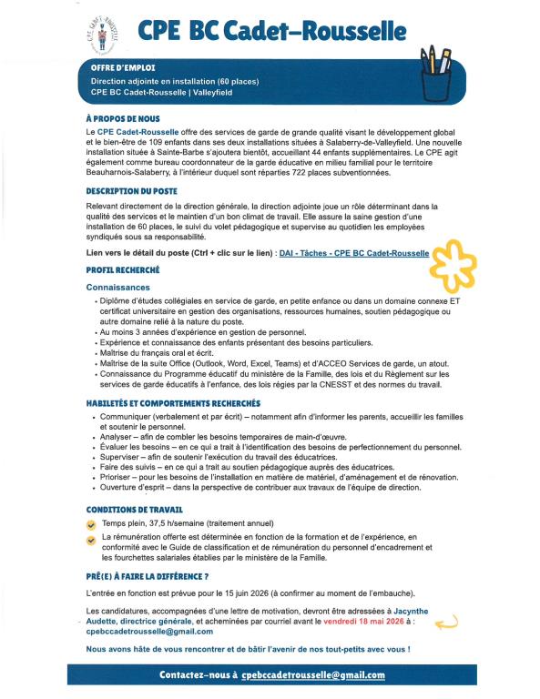 Offre d'emploi - directrice adjointe
